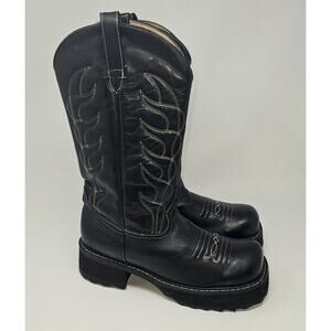 John Fluevog Black Leather Cowboy Chunky Platform Boots Womens Sz 11 Y2K 90s VTG